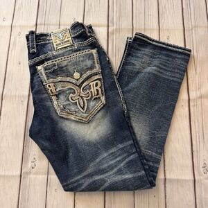 Rock Revival Straight Jeans Men's 38x33 Dark Wash Thick Stitch Denim Embroidered